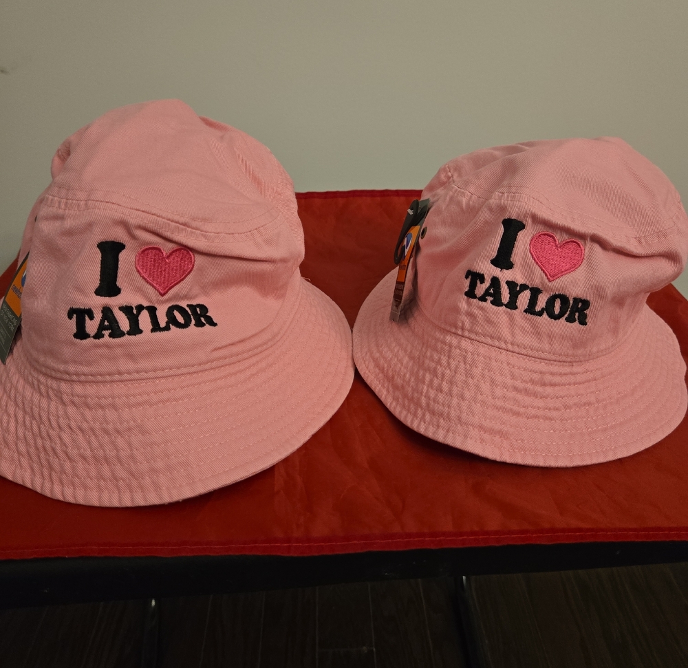I ❤️ TAYLOR” Embroidered Bucket Hat – PINK Cotton, Handmade Fan Favorite